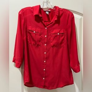 HM red sheer button down top Sz 8